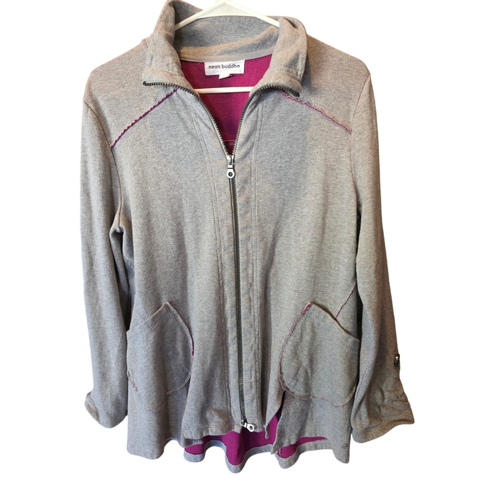 Neon Buddha Sweatshirt L Womens Lagen Look Roll Tab Sleeve Grey Zip Up Pockets